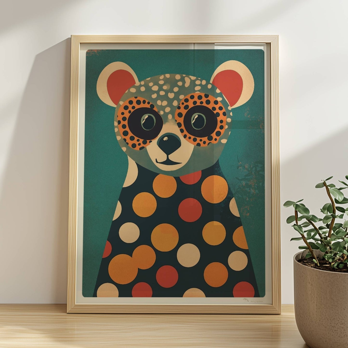 Bunter Bär mit großen Augen und Polka-Dot-Muster, verspielte Tierillustration für Kinderzimmer und moderne Wände.. Rahmen natur 30x40