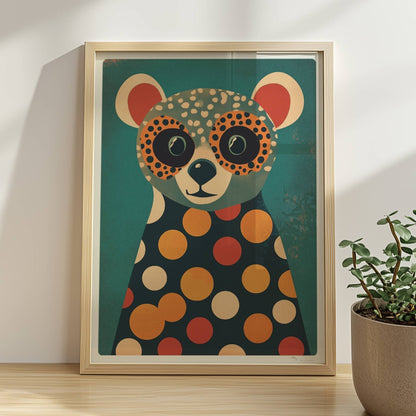 Bunter Bär mit großen Augen und Polka-Dot-Muster, verspielte Tierillustration für Kinderzimmer und moderne Wände.. Rahmen natur 30x40