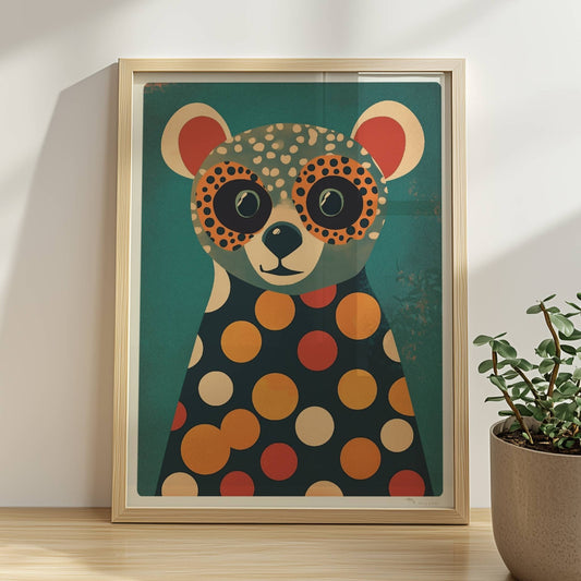 Bunter Bär mit großen Augen und Polka-Dot-Muster, verspielte Tierillustration für Kinderzimmer und moderne Wände.. Rahmen natur 30x40