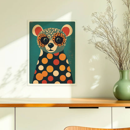 Bunter Bär mit großen Augen und Polka-Dot-Muster, verspielte Tierillustration für Kinderzimmer und moderne Wände.. Ohne Rahmen 30x40