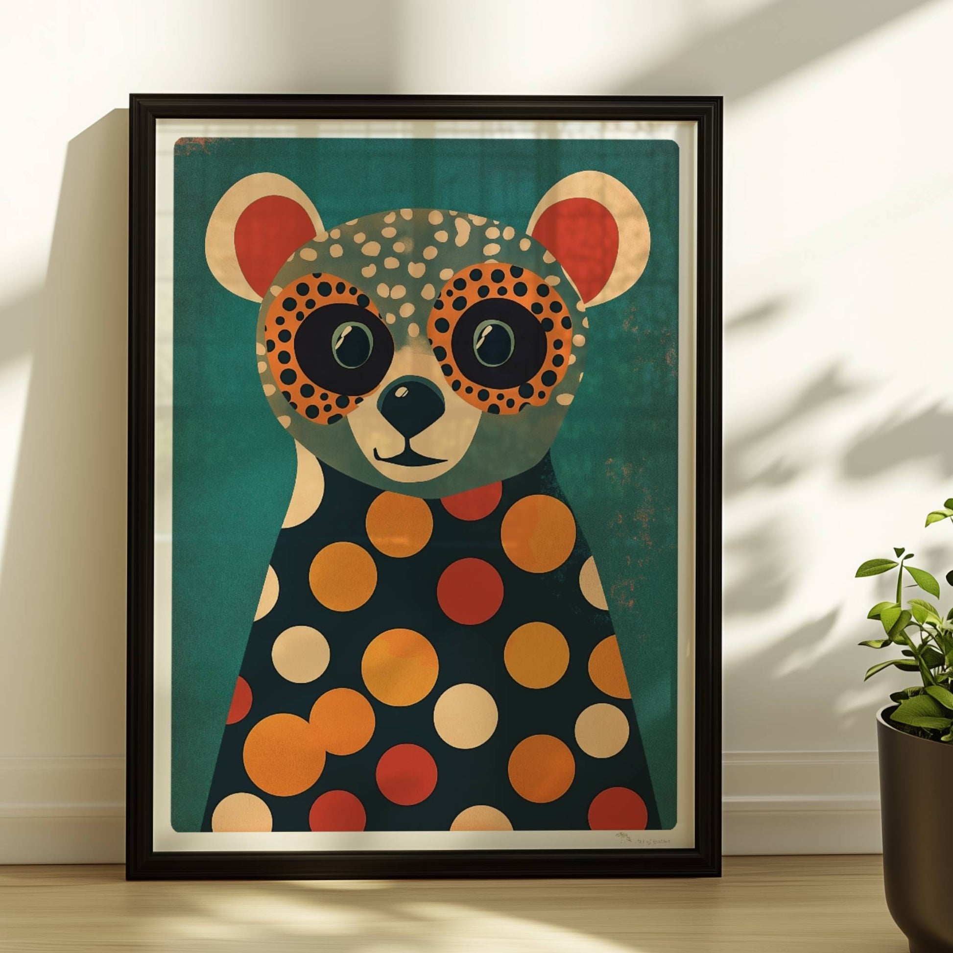 Bunter Bär mit großen Augen und Polka-Dot-Muster, verspielte Tierillustration für Kinderzimmer und moderne Wände.. Rahmen schwarz 30x40