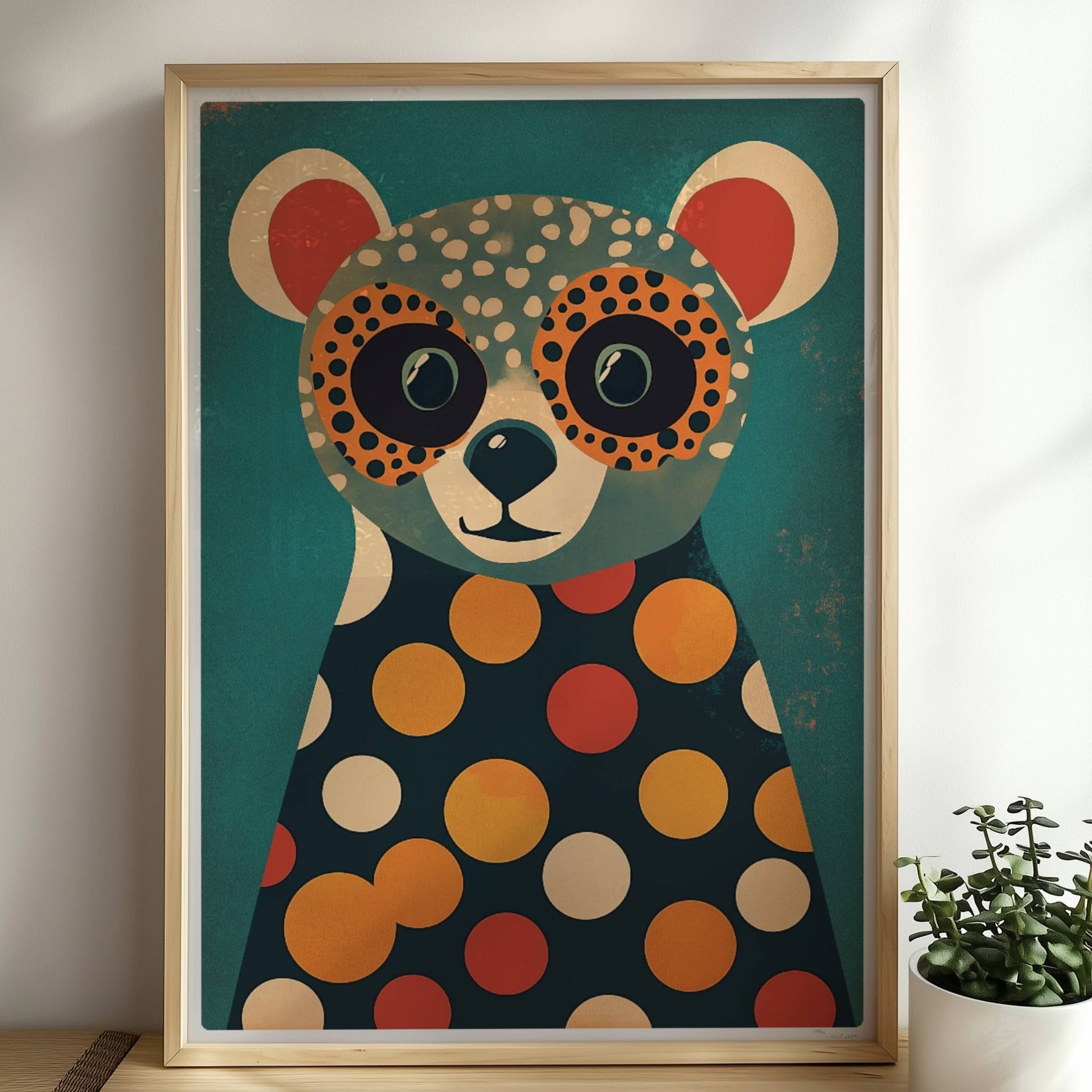 Bunter Bär mit großen Augen und Polka-Dot-Muster, verspielte Tierillustration für Kinderzimmer und moderne Wände.. Rahmen natur 50x70