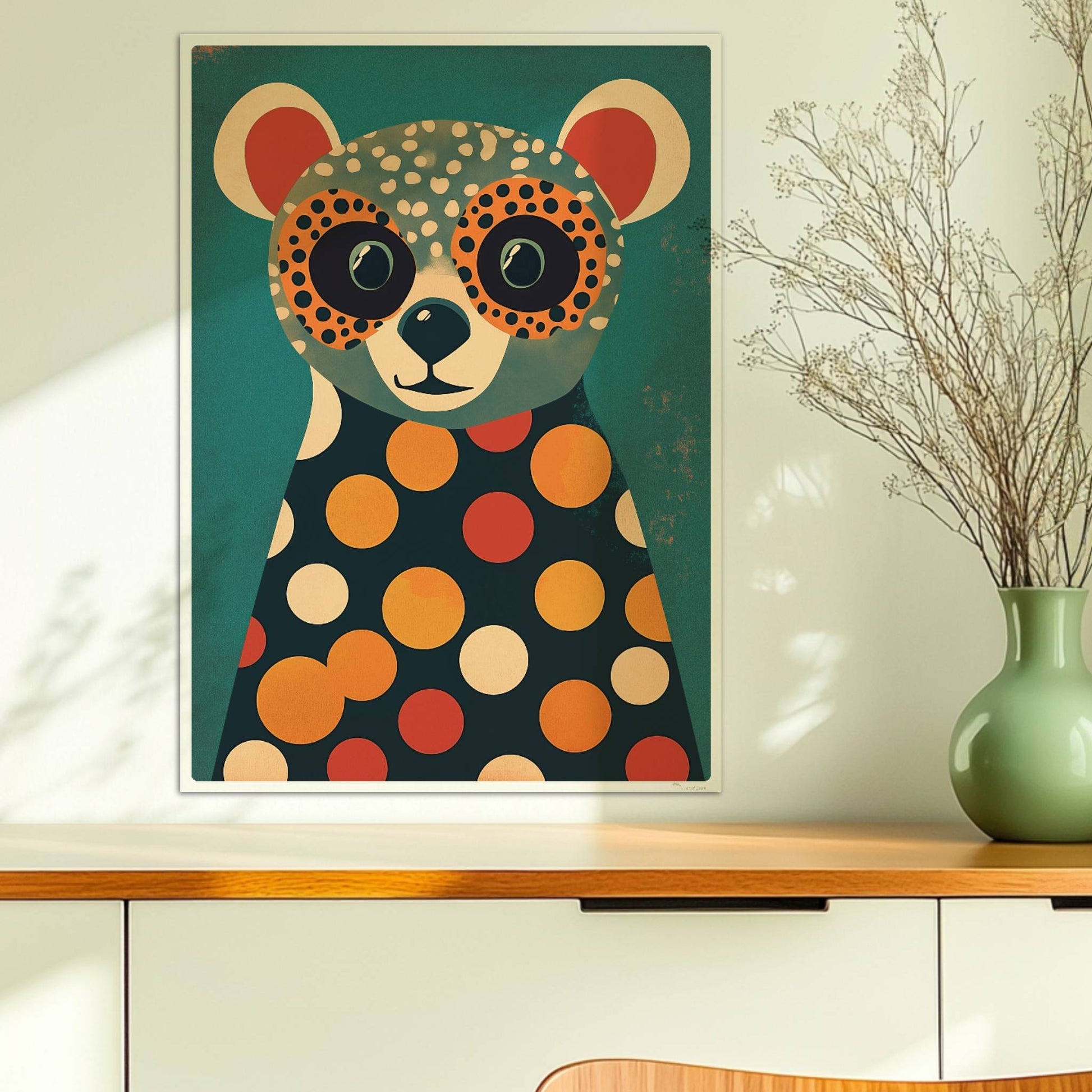 Bunter Bär mit großen Augen und Polka-Dot-Muster, verspielte Tierillustration für Kinderzimmer und moderne Wände.. Ohne Rahmen 50x70
