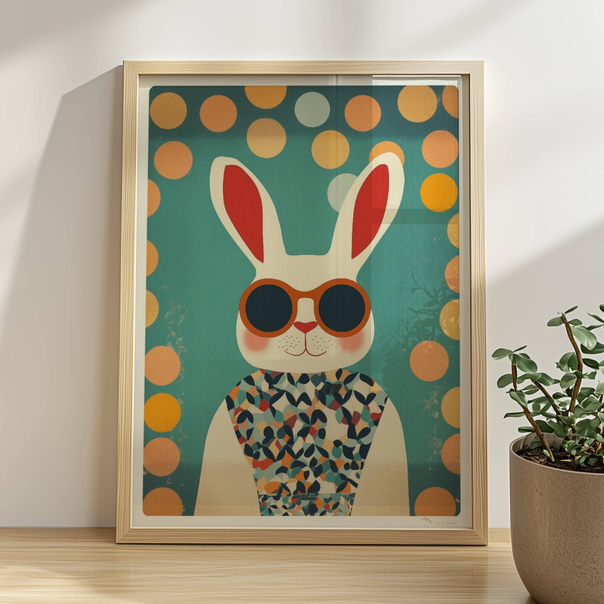Weißer Hase mit Sonnenbrille und buntem Shirt, lustige Tierillustration im Retro-Stil für Kinderzimmer und moderne Wandkunst.. Rahmen natur 30x40