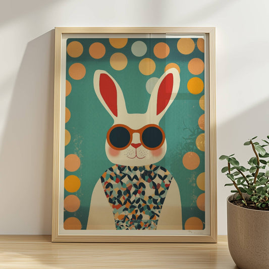 Weißer Hase mit Sonnenbrille und buntem Shirt, lustige Tierillustration im Retro-Stil für Kinderzimmer und moderne Wandkunst.. Rahmen natur 30x40