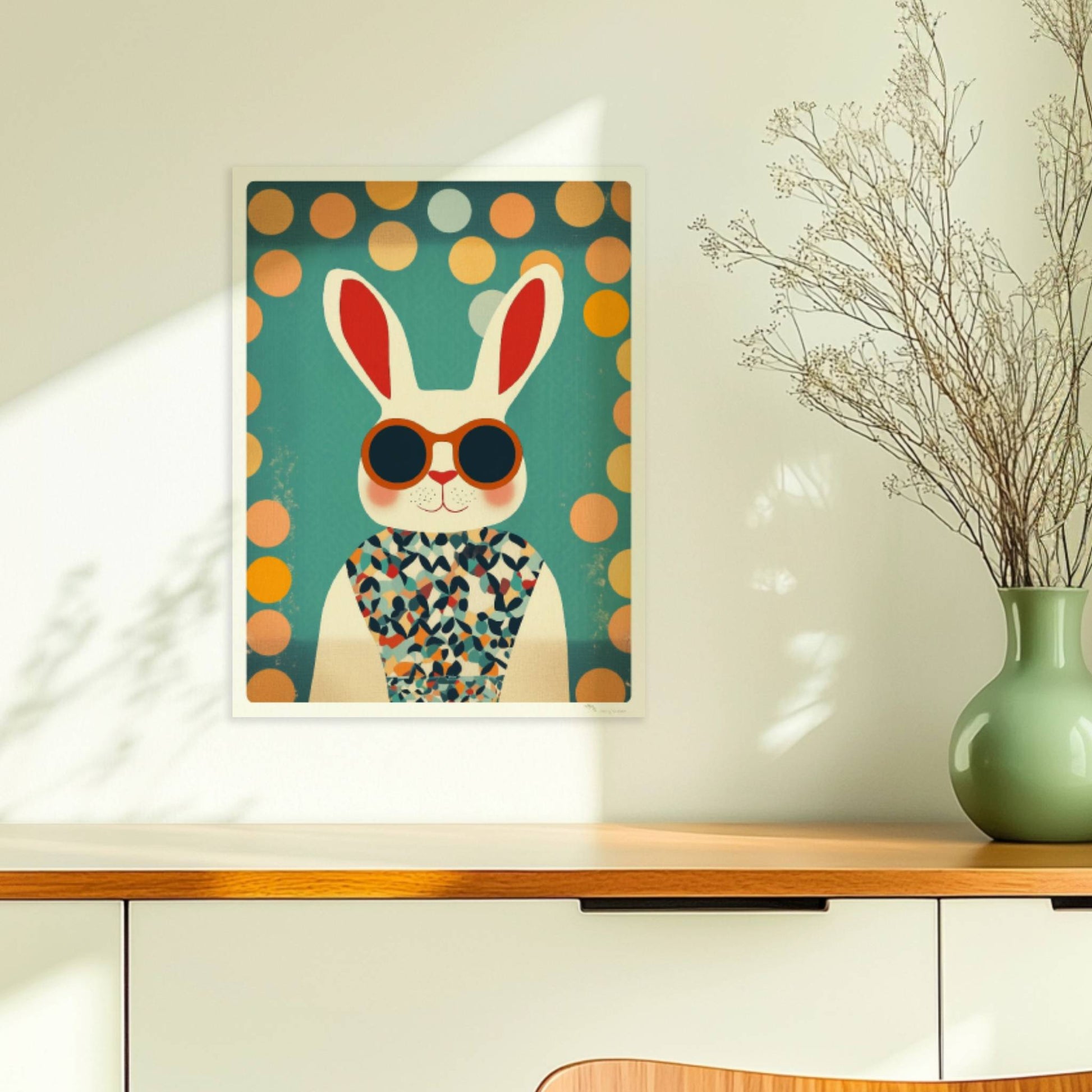 Weißer Hase mit Sonnenbrille und buntem Shirt, lustige Tierillustration im Retro-Stil für Kinderzimmer und moderne Wandkunst.. Ohne Rahmen 30x40