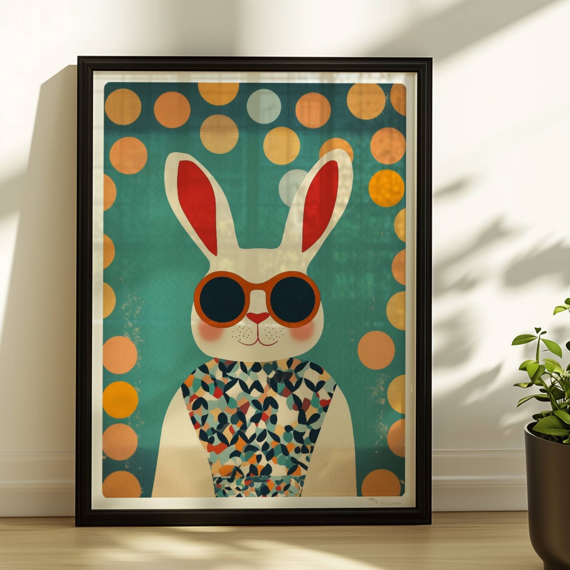 Weißer Hase mit Sonnenbrille und buntem Shirt, lustige Tierillustration im Retro-Stil für Kinderzimmer und moderne Wandkunst.. Rahmen schwarz 30x40