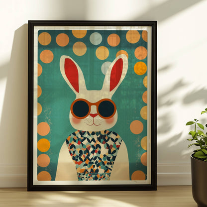 Weißer Hase mit Sonnenbrille und buntem Shirt, lustige Tierillustration im Retro-Stil für Kinderzimmer und moderne Wandkunst.. Rahmen schwarz 30x40