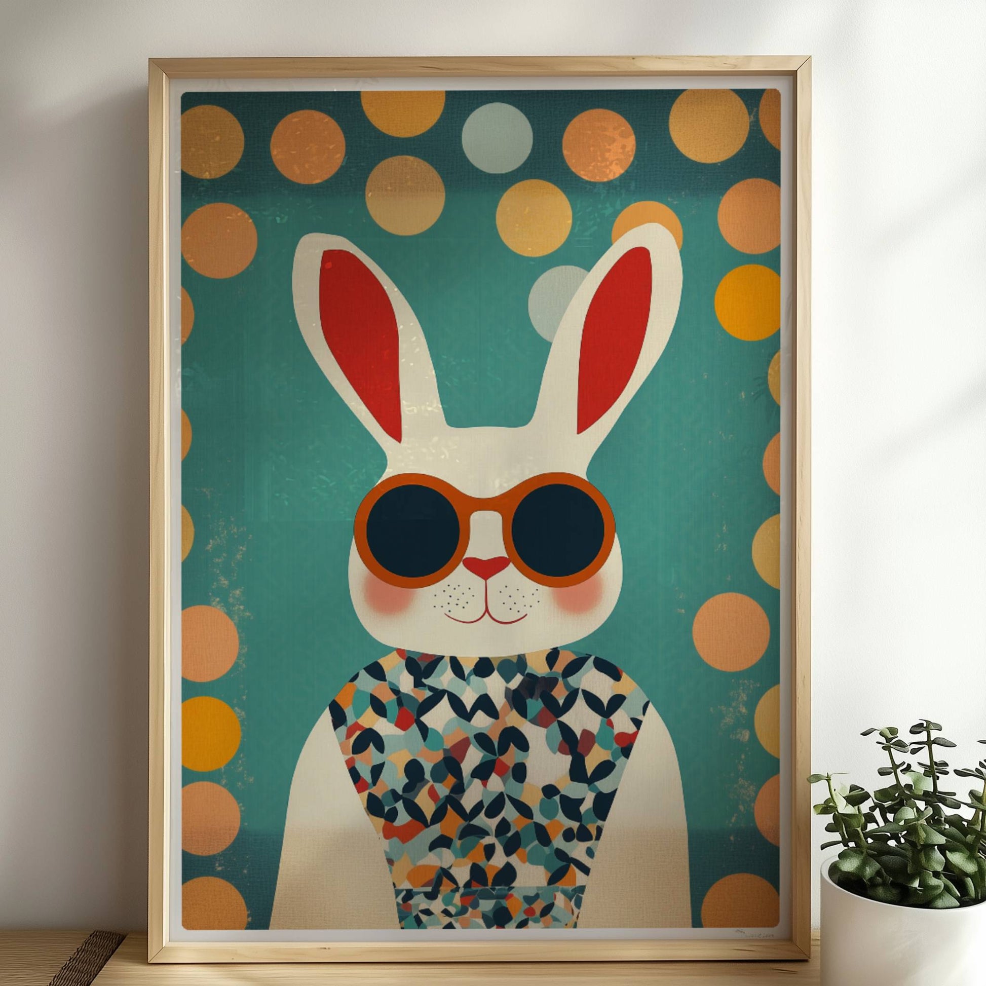 Weißer Hase mit Sonnenbrille und buntem Shirt, lustige Tierillustration im Retro-Stil für Kinderzimmer und moderne Wandkunst.. Rahmen natur 50x70