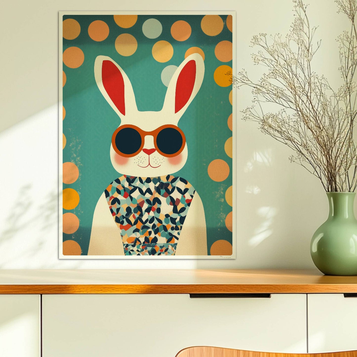 Weißer Hase mit Sonnenbrille und buntem Shirt, lustige Tierillustration im Retro-Stil für Kinderzimmer und moderne Wandkunst.. Ohne Rahmen 50x70