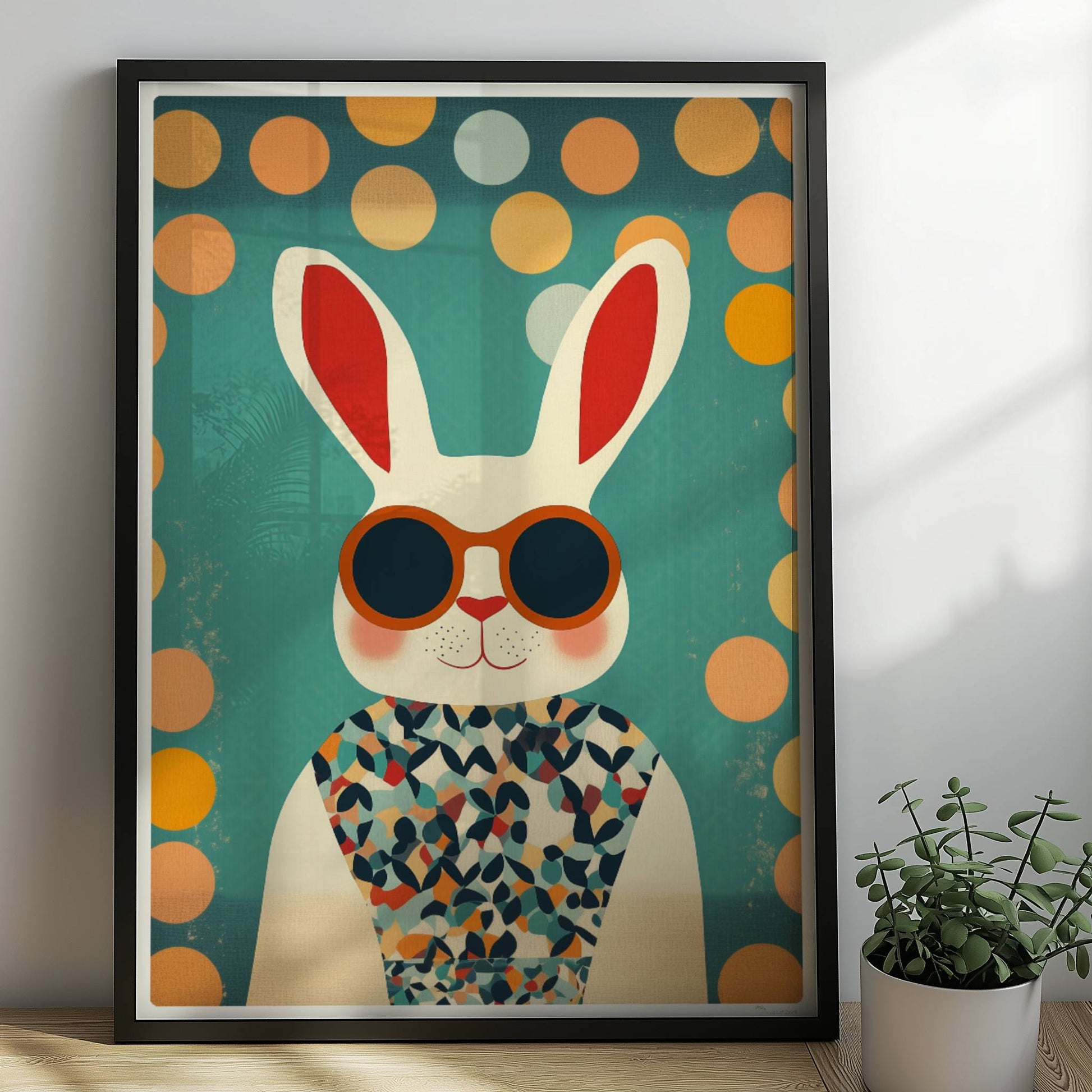 Weißer Hase mit Sonnenbrille und buntem Shirt, lustige Tierillustration im Retro-Stil für Kinderzimmer und moderne Wandkunst.. Rahmen schwarz 50x70