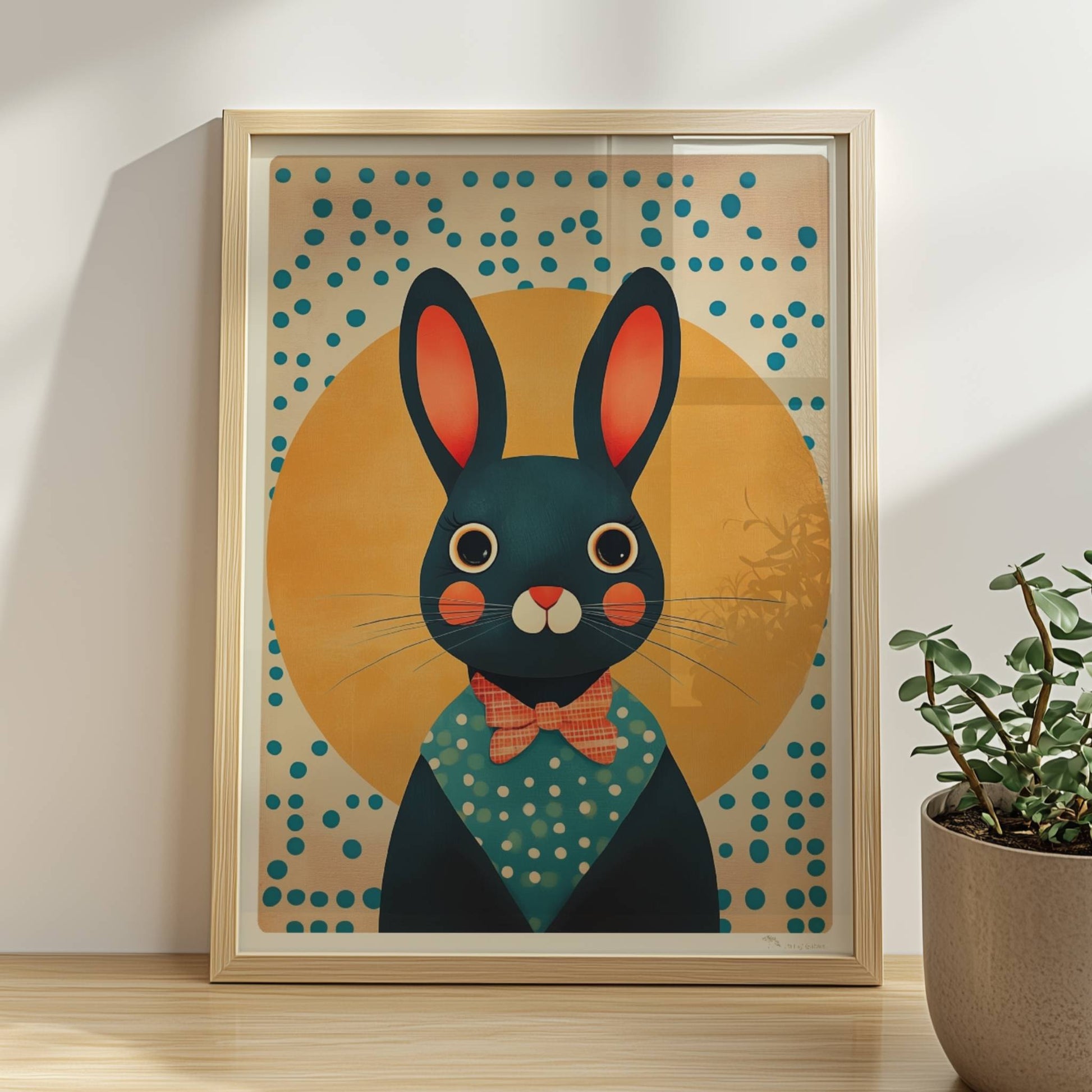 Dunkelblauer Hase mit roter Fliege und Punkthemd vor gelber Sonne, charmante Tierillustration für Kinderzimmer und moderne Wandkunst.. Rahmen natur 30x40