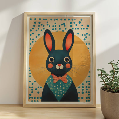 Dunkelblauer Hase mit roter Fliege und Punkthemd vor gelber Sonne, charmante Tierillustration für Kinderzimmer und moderne Wandkunst.. Rahmen natur 30x40