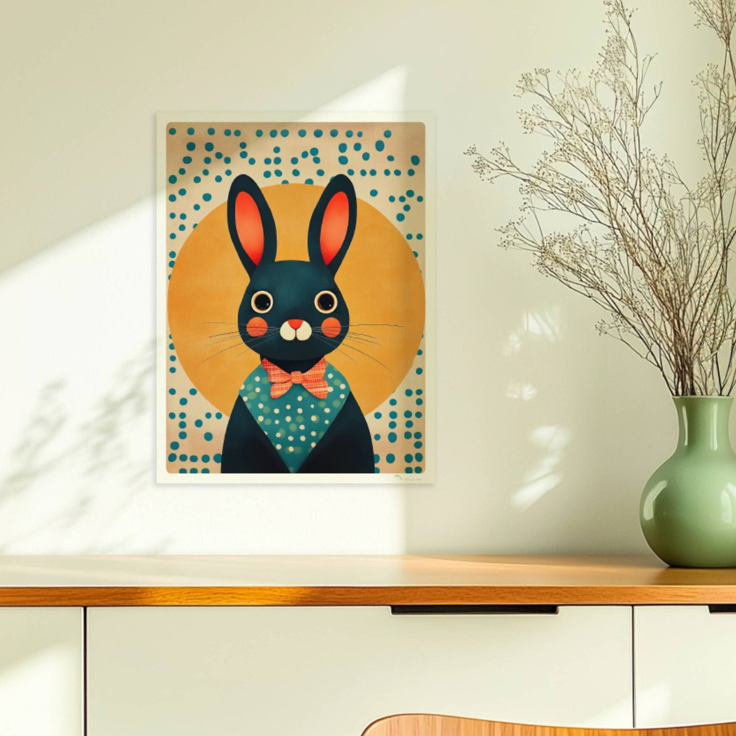 Dunkelblauer Hase mit roter Fliege und Punkthemd vor gelber Sonne, charmante Tierillustration für Kinderzimmer und moderne Wandkunst.. Ohne Rahmen 30x40