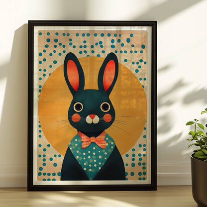 Dunkelblauer Hase mit roter Fliege und Punkthemd vor gelber Sonne, charmante Tierillustration für Kinderzimmer und moderne Wandkunst.. Rahmen schwarz 30x40
