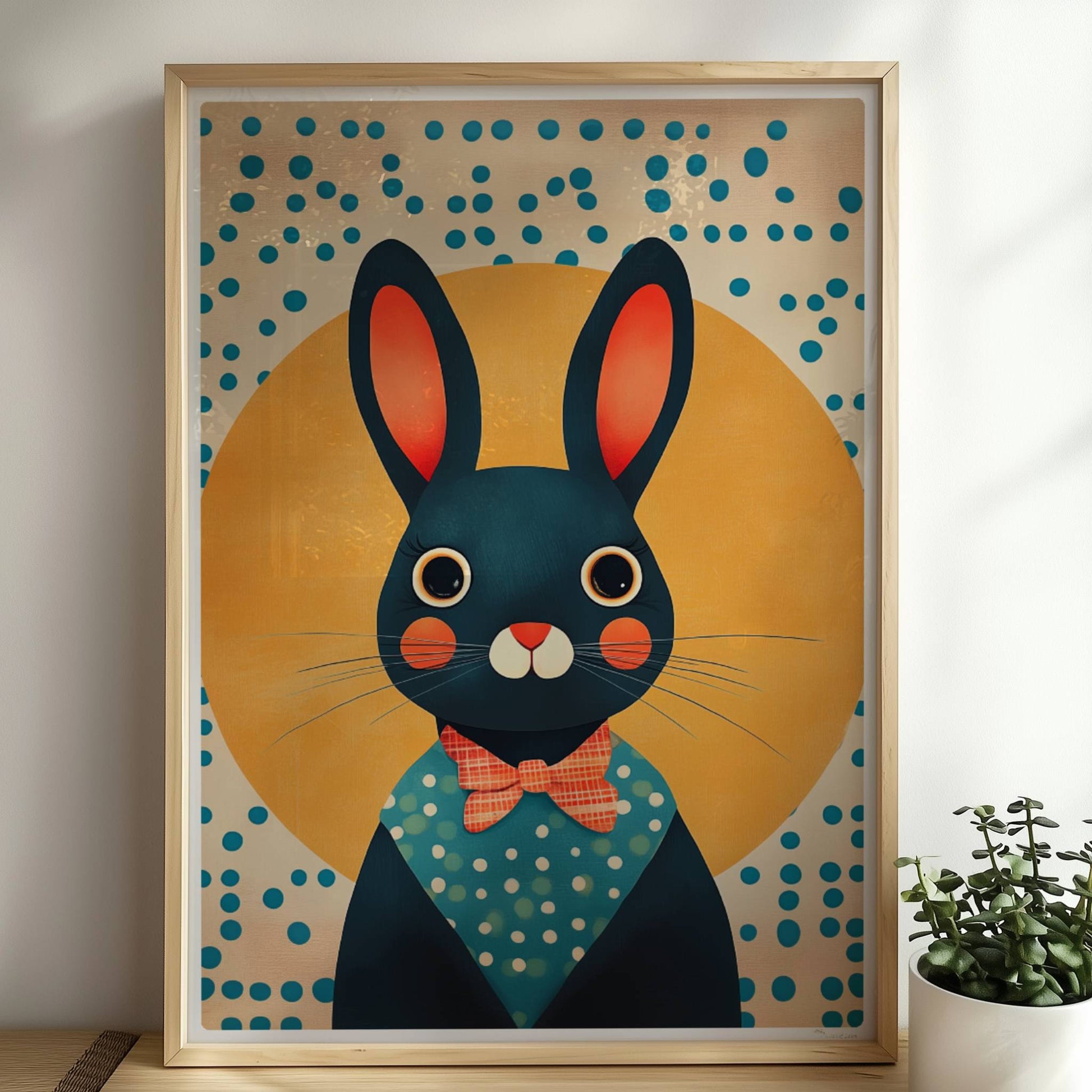 Dunkelblauer Hase mit roter Fliege und Punkthemd vor gelber Sonne, charmante Tierillustration für Kinderzimmer und moderne Wandkunst.. Rahmen natur 50x70
