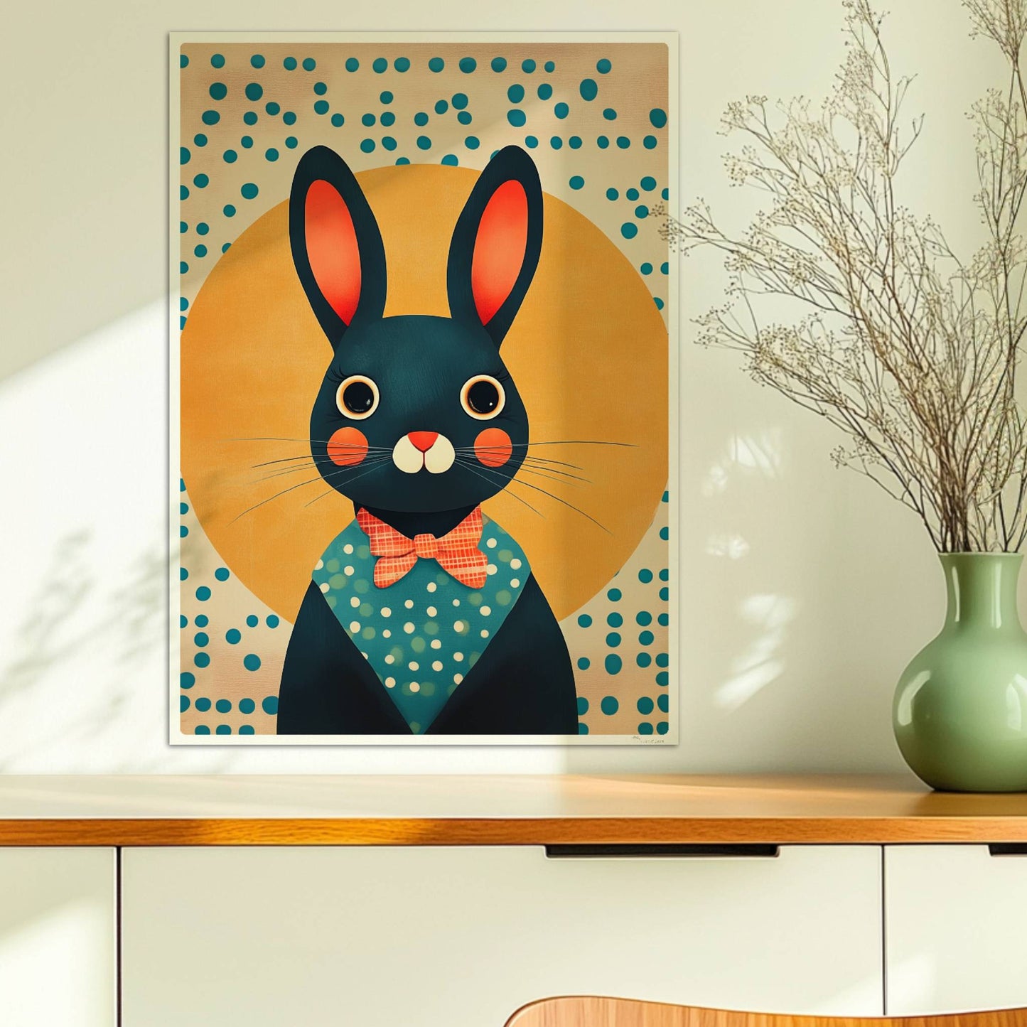 Dunkelblauer Hase mit roter Fliege und Punkthemd vor gelber Sonne, charmante Tierillustration für Kinderzimmer und moderne Wandkunst.. Ohne Rahmen 50x70