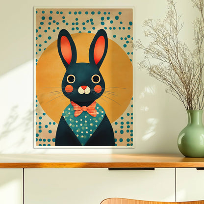 Dunkelblauer Hase mit roter Fliege und Punkthemd vor gelber Sonne, charmante Tierillustration für Kinderzimmer und moderne Wandkunst.. Ohne Rahmen 50x70