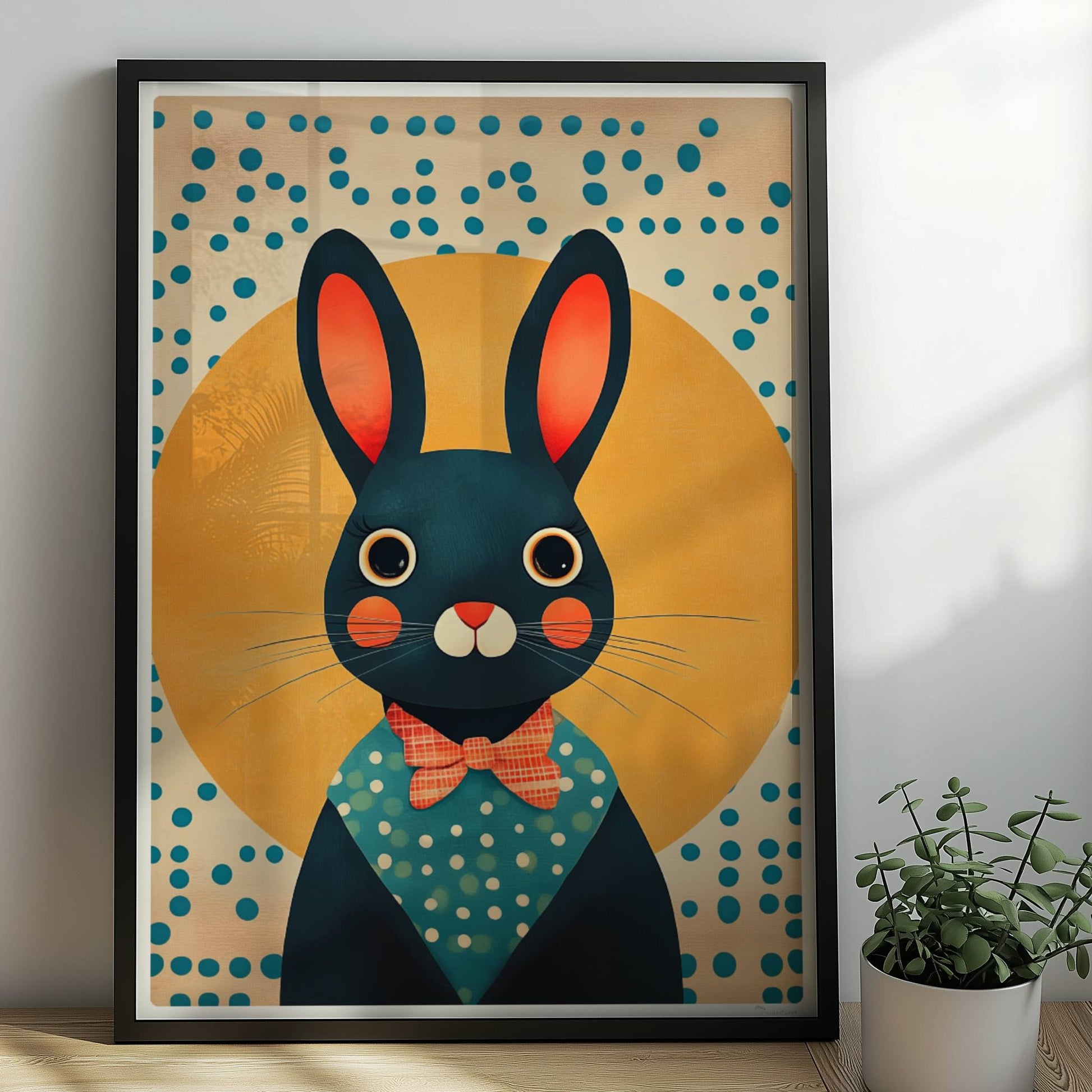 Dunkelblauer Hase mit roter Fliege und Punkthemd vor gelber Sonne, charmante Tierillustration für Kinderzimmer und moderne Wandkunst.. Rahmen schwarz 50x70