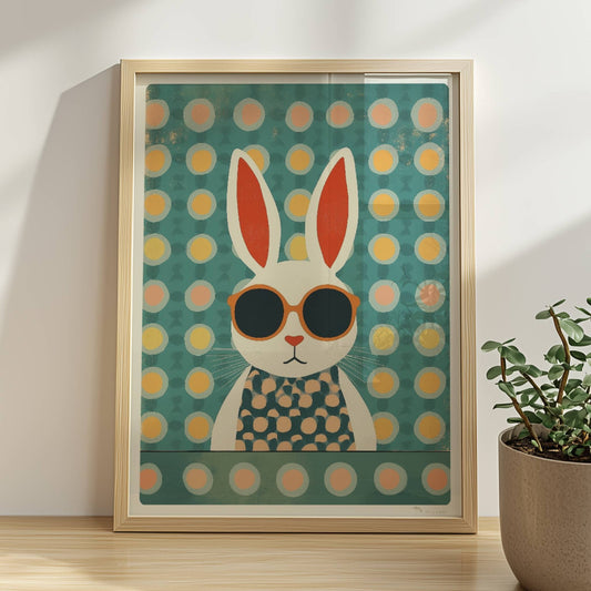 Weißer Hase mit Sonnenbrille und gepunktetem Shirt auf türkisfarbenem Hintergrund mit Punkten, stilvolle Tierillustration für moderne Kinderzimmer.. Rahmen natur 30x40