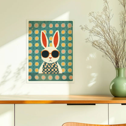 Weißer Hase mit Sonnenbrille und gepunktetem Shirt auf türkisfarbenem Hintergrund mit Punkten, stilvolle Tierillustration für moderne Kinderzimmer.. Ohne Rahmen 30x40