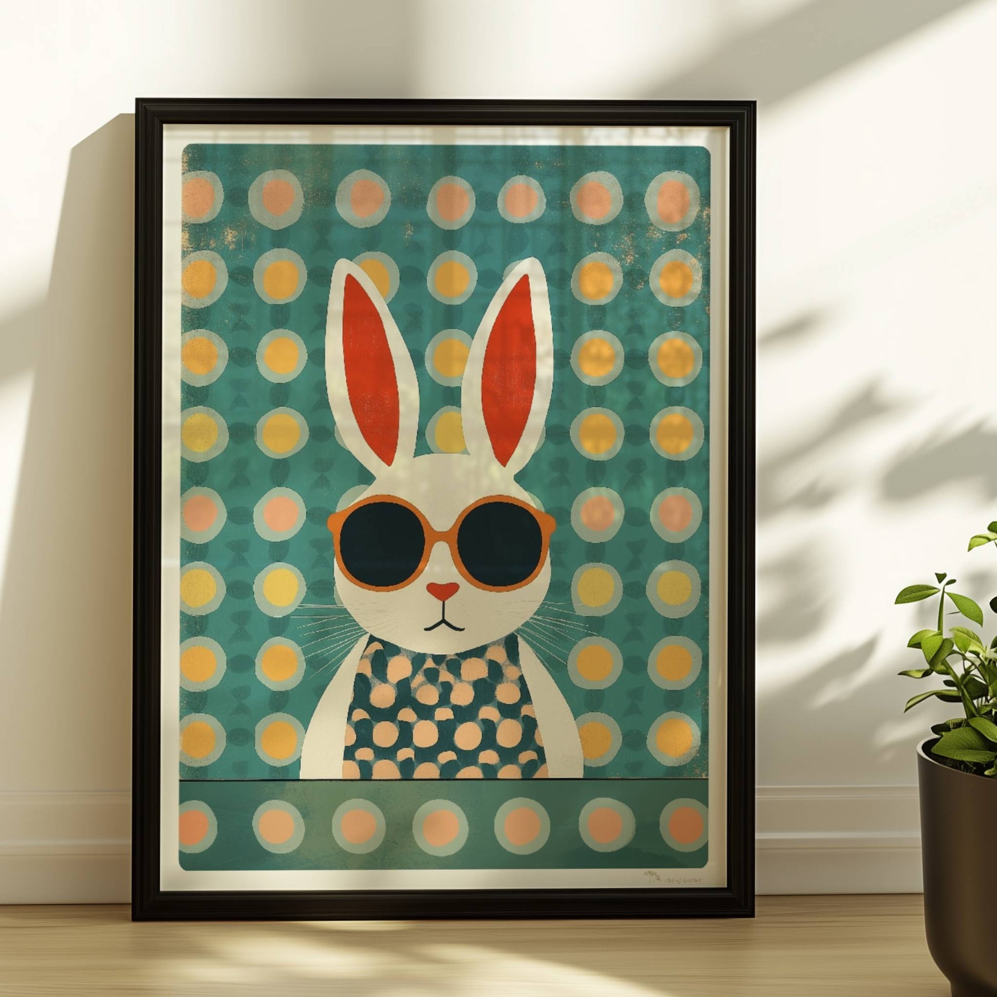 Weißer Hase mit Sonnenbrille und gepunktetem Shirt auf türkisfarbenem Hintergrund mit Punkten, stilvolle Tierillustration für moderne Kinderzimmer.. Rahmen schwarz 30x40