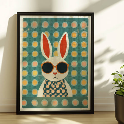 Weißer Hase mit Sonnenbrille und gepunktetem Shirt auf türkisfarbenem Hintergrund mit Punkten, stilvolle Tierillustration für moderne Kinderzimmer.. Rahmen schwarz 30x40