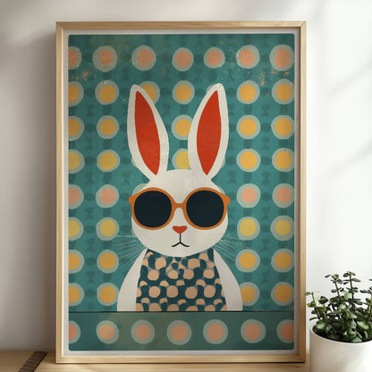 Weißer Hase mit Sonnenbrille und gepunktetem Shirt auf türkisfarbenem Hintergrund mit Punkten, stilvolle Tierillustration für moderne Kinderzimmer.. Rahmen natur 50x70