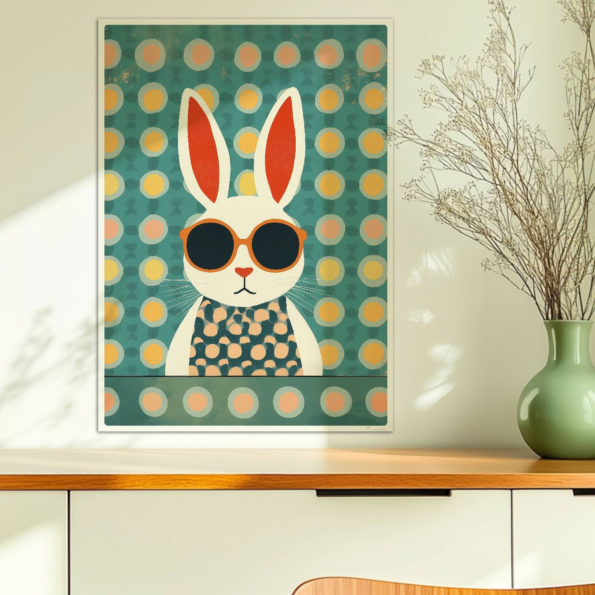 Weißer Hase mit Sonnenbrille und gepunktetem Shirt auf türkisfarbenem Hintergrund mit Punkten, stilvolle Tierillustration für moderne Kinderzimmer.. Ohne Rahmen 50x70