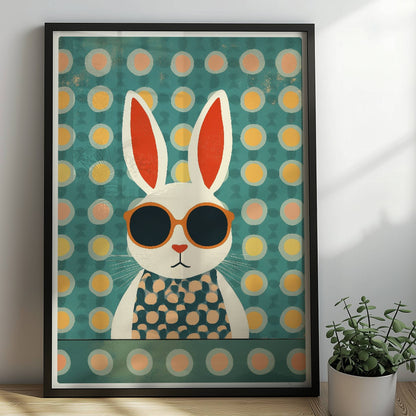 Weißer Hase mit Sonnenbrille und gepunktetem Shirt auf türkisfarbenem Hintergrund mit Punkten, stilvolle Tierillustration für moderne Kinderzimmer.. Rahmen schwarz 50x70