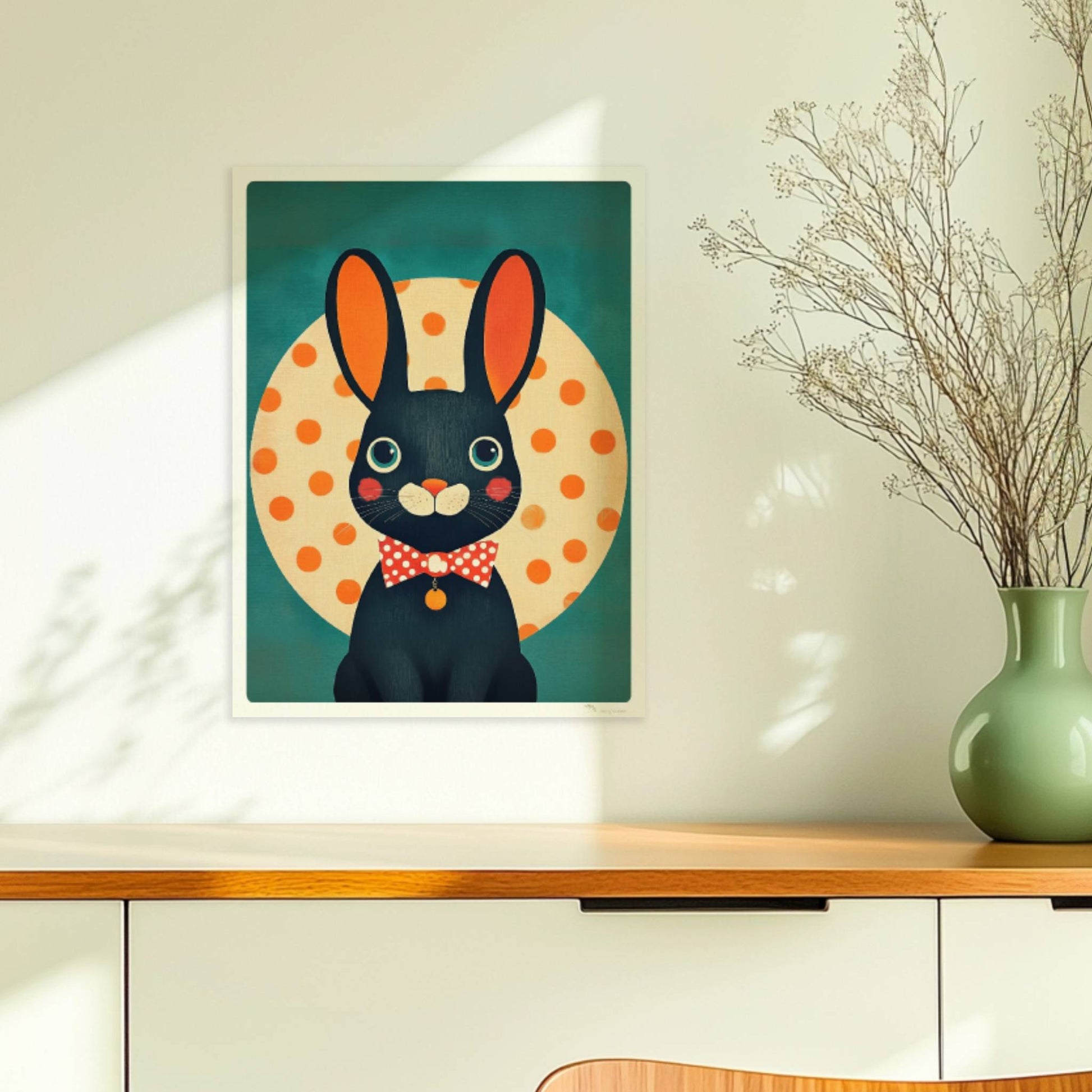 Schwarzer Hase mit roter Fliege vor gelbem Punktkreis auf türkisfarbenem Hintergrund, verspielte Tierillustration im modernen Stil.. Ohne Rahmen 30x40