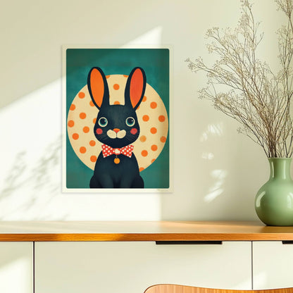 Schwarzer Hase mit roter Fliege vor gelbem Punktkreis auf türkisfarbenem Hintergrund, verspielte Tierillustration im modernen Stil.. Ohne Rahmen 30x40