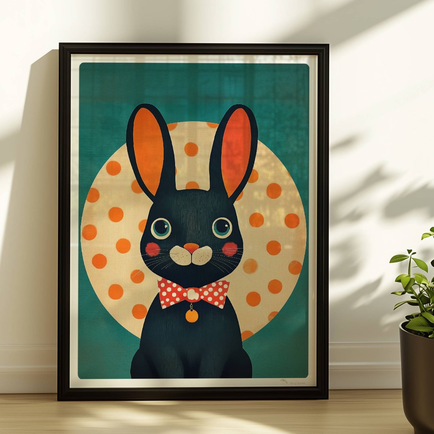 Schwarzer Hase mit roter Fliege vor gelbem Punktkreis auf türkisfarbenem Hintergrund, verspielte Tierillustration im modernen Stil.. Rahmen schwarz 30x40
