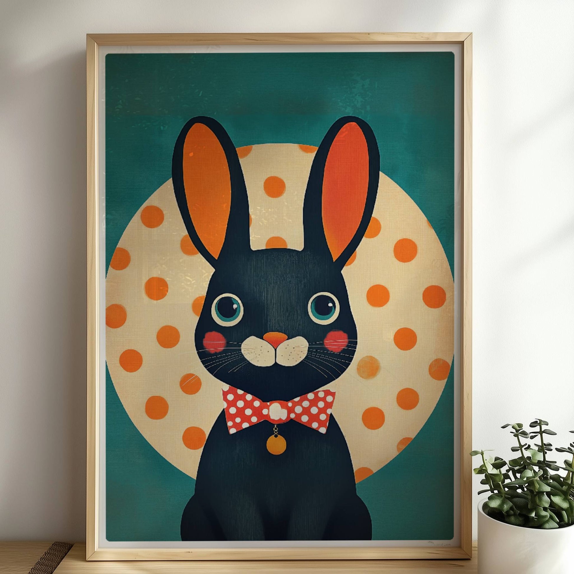 Schwarzer Hase mit roter Fliege vor gelbem Punktkreis auf türkisfarbenem Hintergrund, verspielte Tierillustration im modernen Stil.. Rahmen natur 50x70