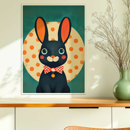 Schwarzer Hase mit roter Fliege vor gelbem Punktkreis auf türkisfarbenem Hintergrund, verspielte Tierillustration im modernen Stil.. Ohne Rahmen 50x70