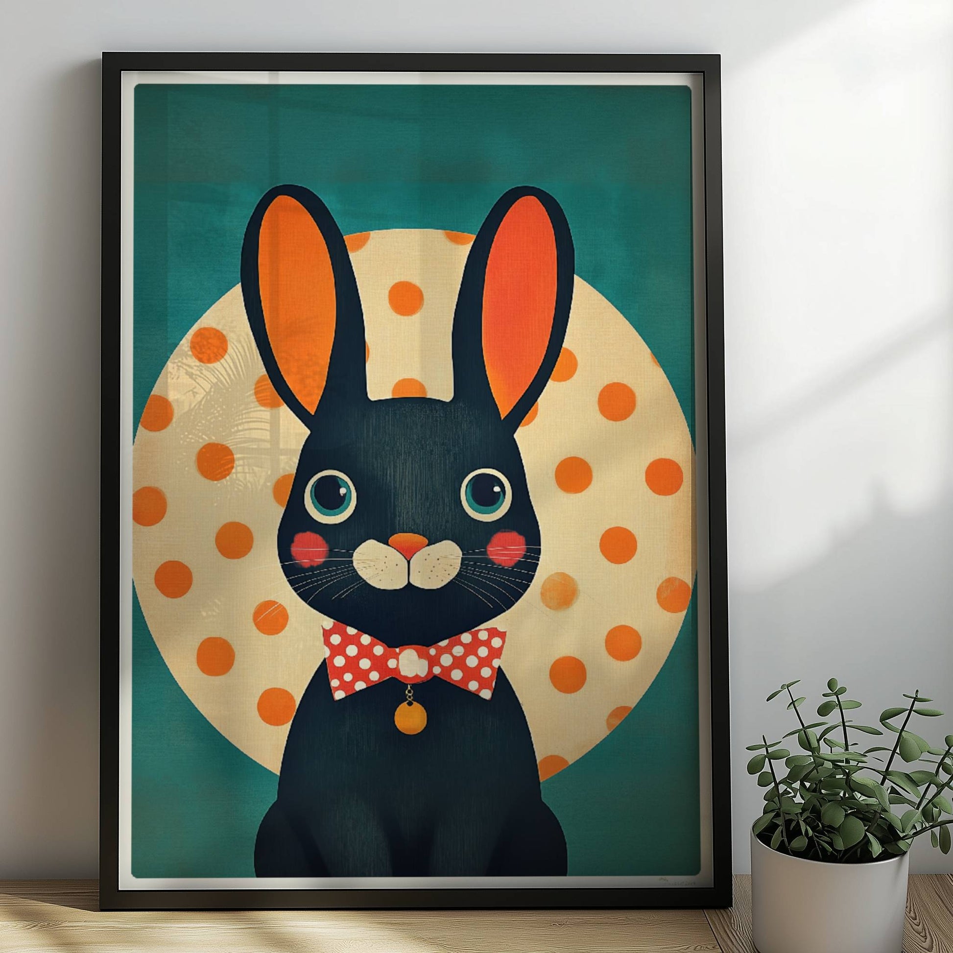 Schwarzer Hase mit roter Fliege vor gelbem Punktkreis auf türkisfarbenem Hintergrund, verspielte Tierillustration im modernen Stil.. Rahmen schwarz 50x70