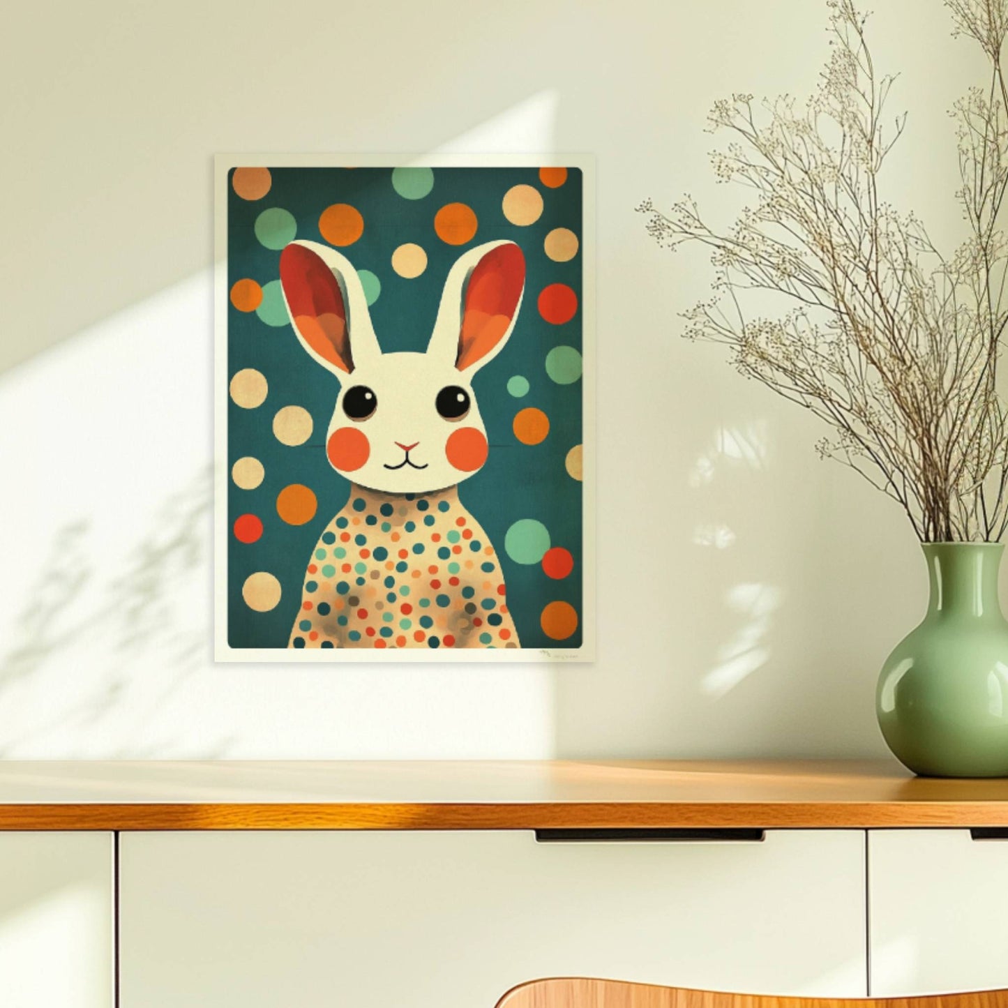 Weißer Hase mit großen Augen und buntem Punktekleid auf blauem Hintergrund, niedliche Tierillustration.. Ohne Rahmen 30x40