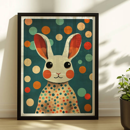 Weißer Hase mit großen Augen und buntem Punktekleid auf blauem Hintergrund, niedliche Tierillustration.. Rahmen schwarz 30x40