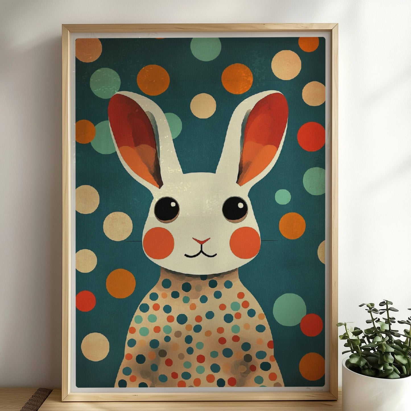 Weißer Hase mit großen Augen und buntem Punktekleid auf blauem Hintergrund, niedliche Tierillustration.. Rahmen natur 50x70