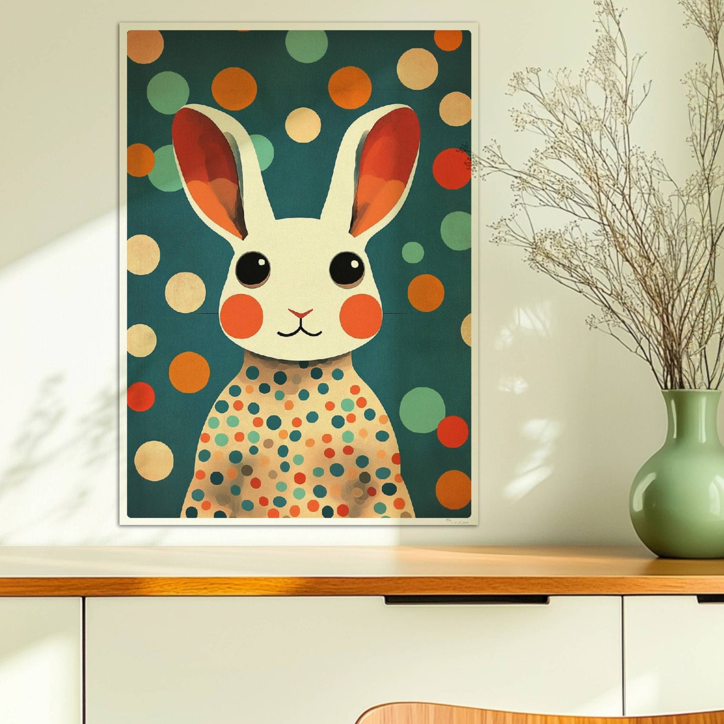 Weißer Hase mit großen Augen und buntem Punktekleid auf blauem Hintergrund, niedliche Tierillustration.. Ohne Rahmen 50x70