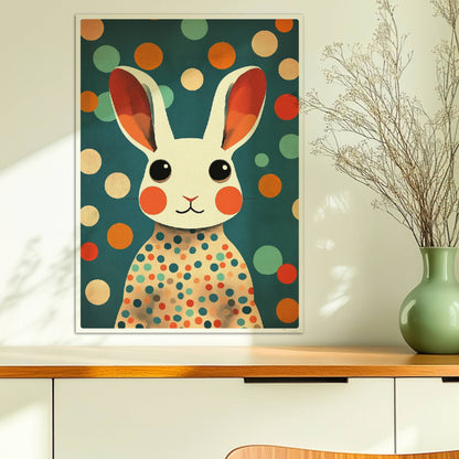 Weißer Hase mit großen Augen und buntem Punktekleid auf blauem Hintergrund, niedliche Tierillustration.. Ohne Rahmen 50x70