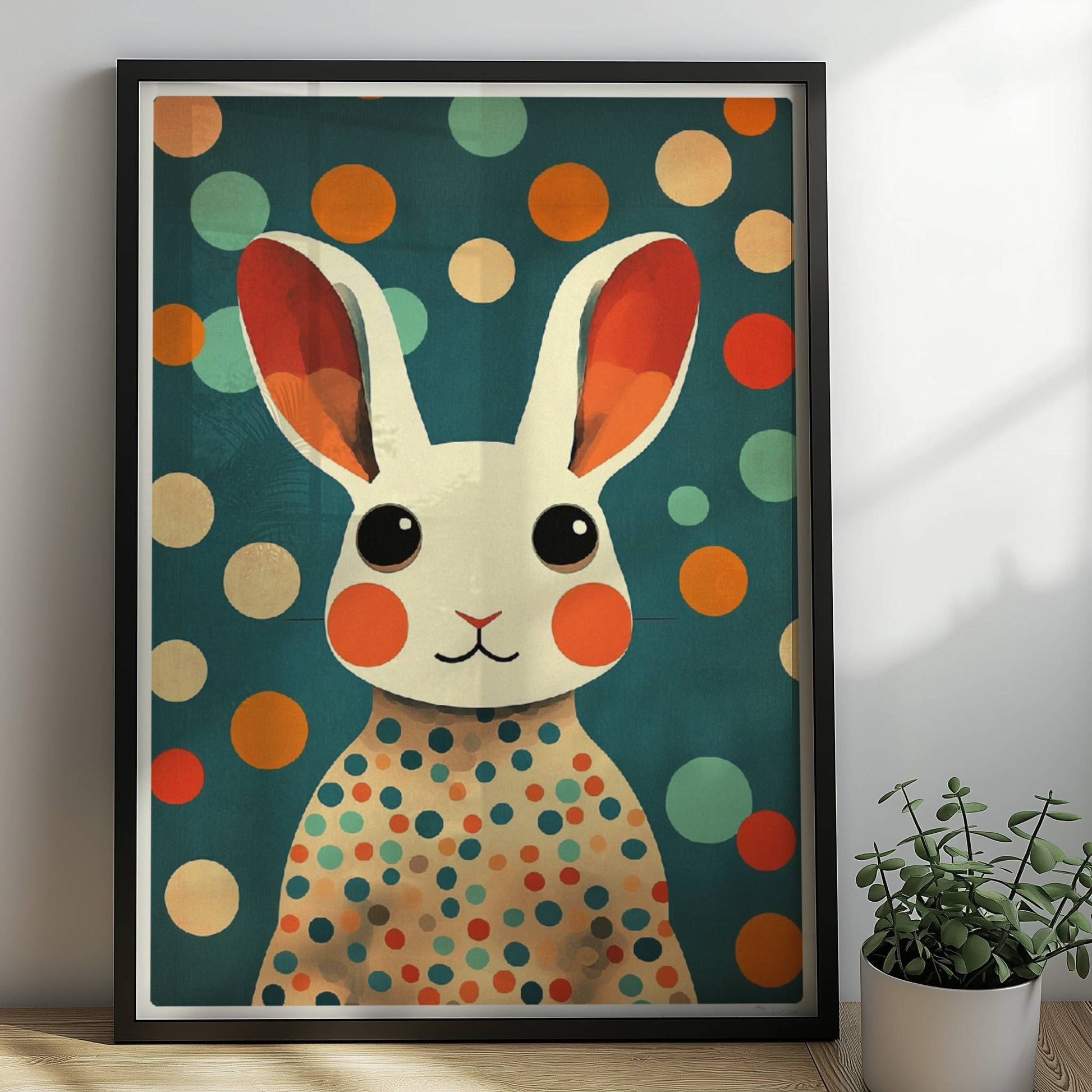 Weißer Hase mit großen Augen und buntem Punktekleid auf blauem Hintergrund, niedliche Tierillustration.. Rahmen schwarz 50x70