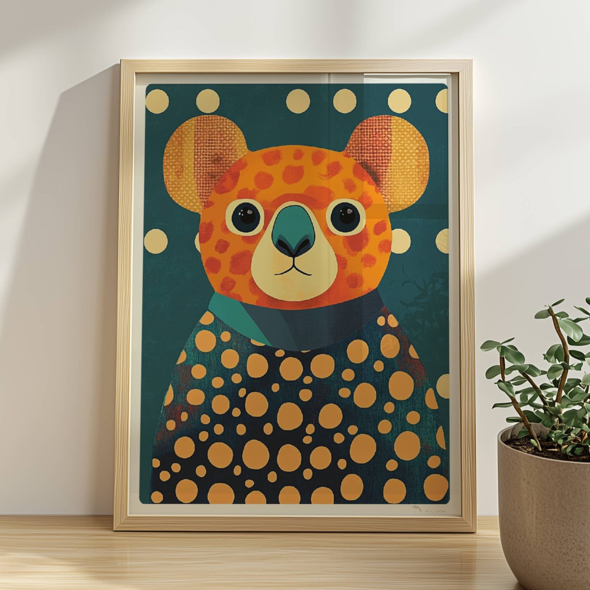 Bunter Koala mit großen Augen und auffälligem Punkte-Muster auf dunklem Hintergrund, moderne Tierillustration.. Rahmen natur 30x40