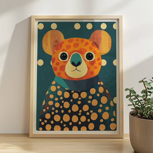 Bunter Koala mit großen Augen und auffälligem Punkte-Muster auf dunklem Hintergrund, moderne Tierillustration.. Rahmen natur 30x40