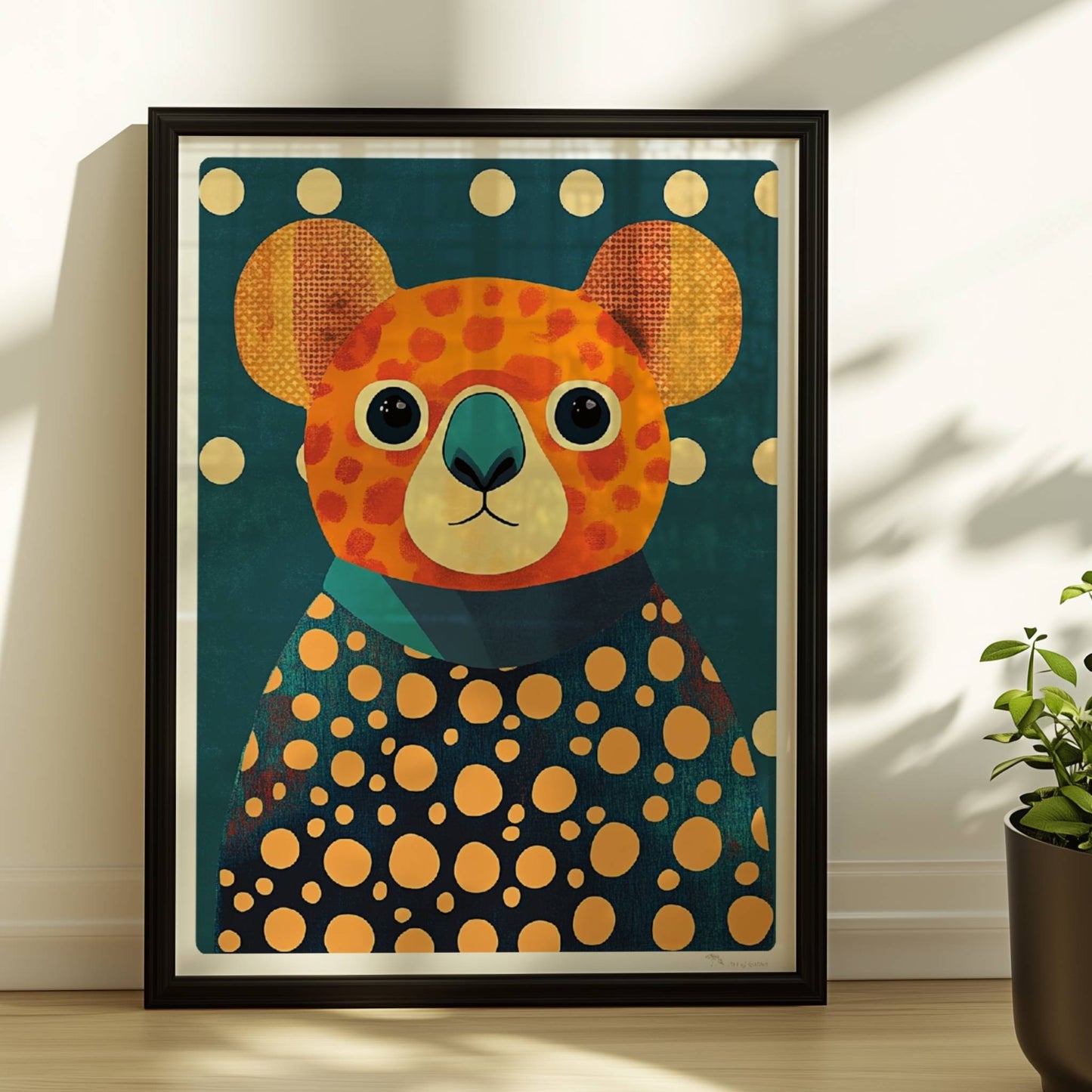 Bunter Koala mit großen Augen und auffälligem Punkte-Muster auf dunklem Hintergrund, moderne Tierillustration.. Rahmen schwarz 30x40