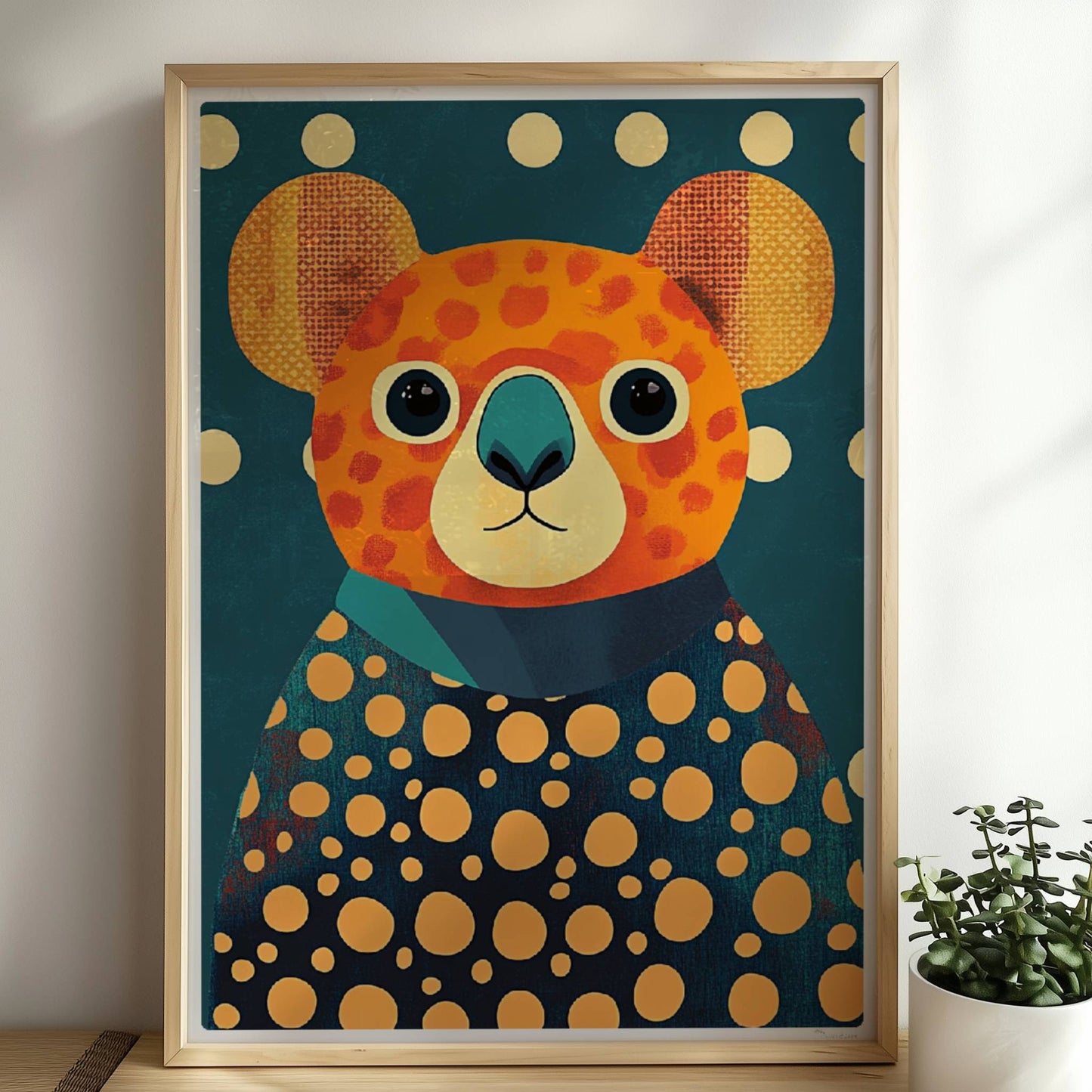 Bunter Koala mit großen Augen und auffälligem Punkte-Muster auf dunklem Hintergrund, moderne Tierillustration.. Rahmen natur 50x70