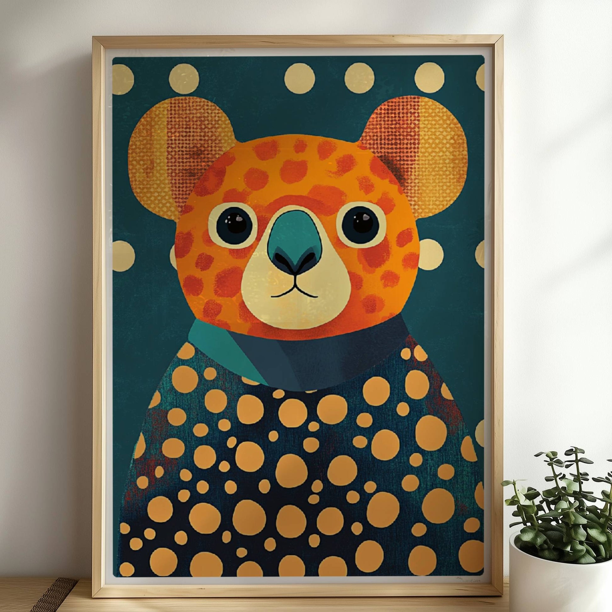Bunter Koala mit großen Augen und auffälligem Punkte-Muster auf dunklem Hintergrund, moderne Tierillustration.. Rahmen natur 50x70