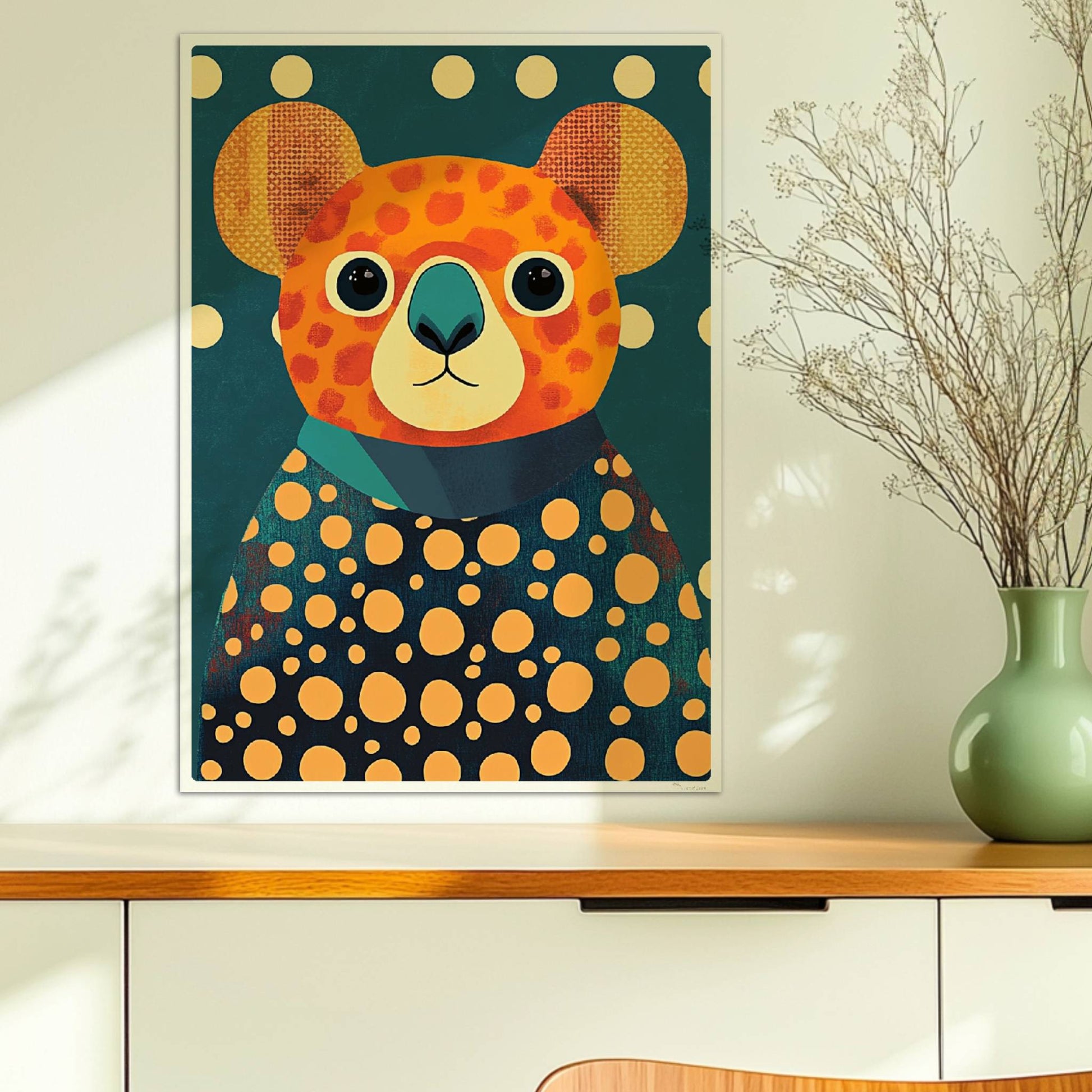 Bunter Koala mit großen Augen und auffälligem Punkte-Muster auf dunklem Hintergrund, moderne Tierillustration.. Ohne Rahmen 50x70