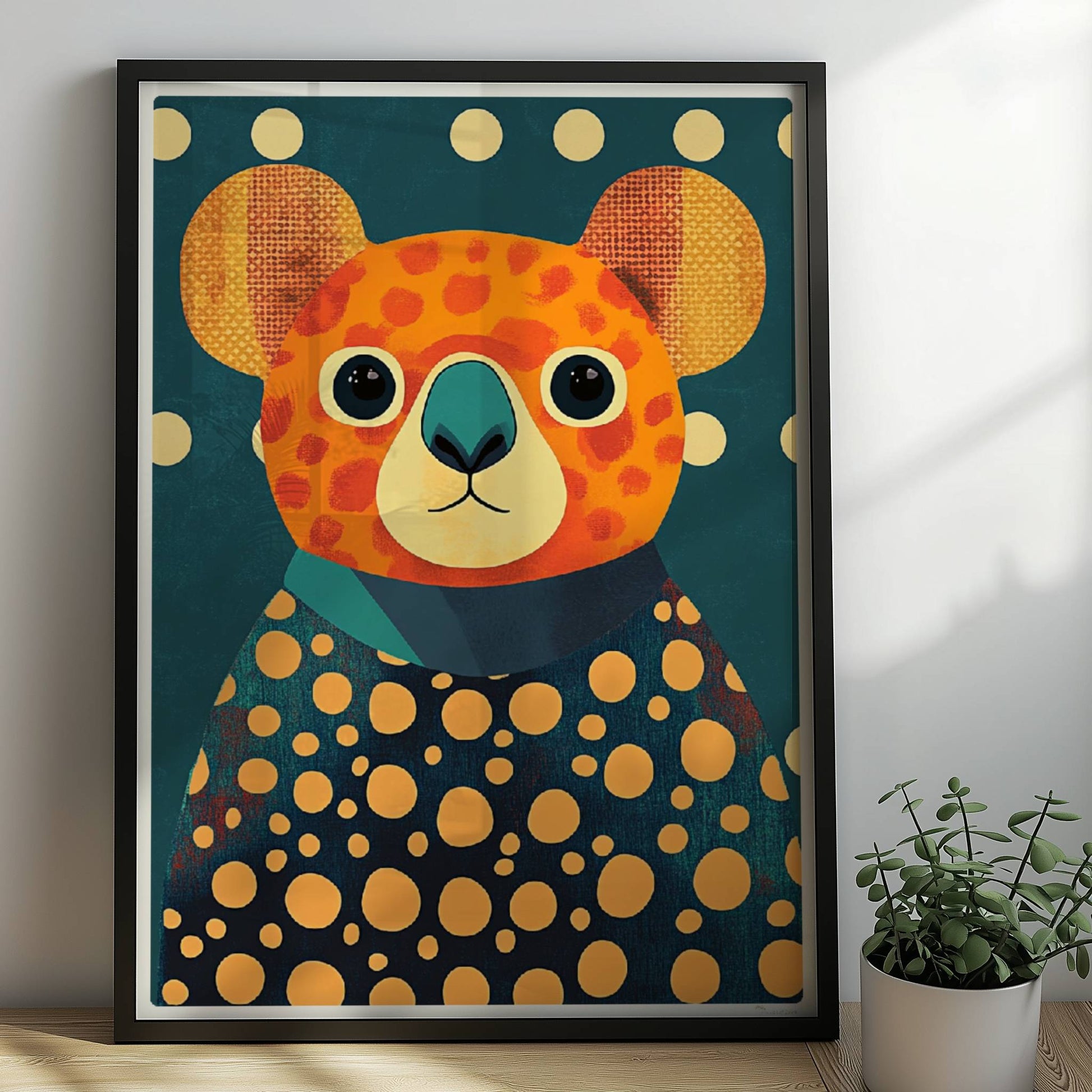 Bunter Koala mit großen Augen und auffälligem Punkte-Muster auf dunklem Hintergrund, moderne Tierillustration.. Rahmen schwarz 50x70