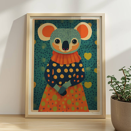 Niedlicher Koala im gepunkteten Kleid mit Herzen im Hintergrund, moderne und farbenfrohe Tierillustration.. Rahmen natur 30x40
